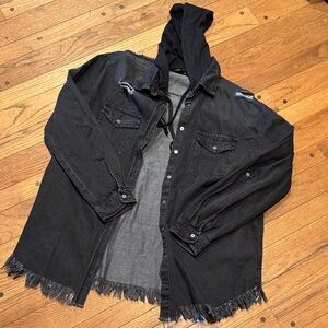 Stylish Oversized Distressed Black Denim Jacket with Hood